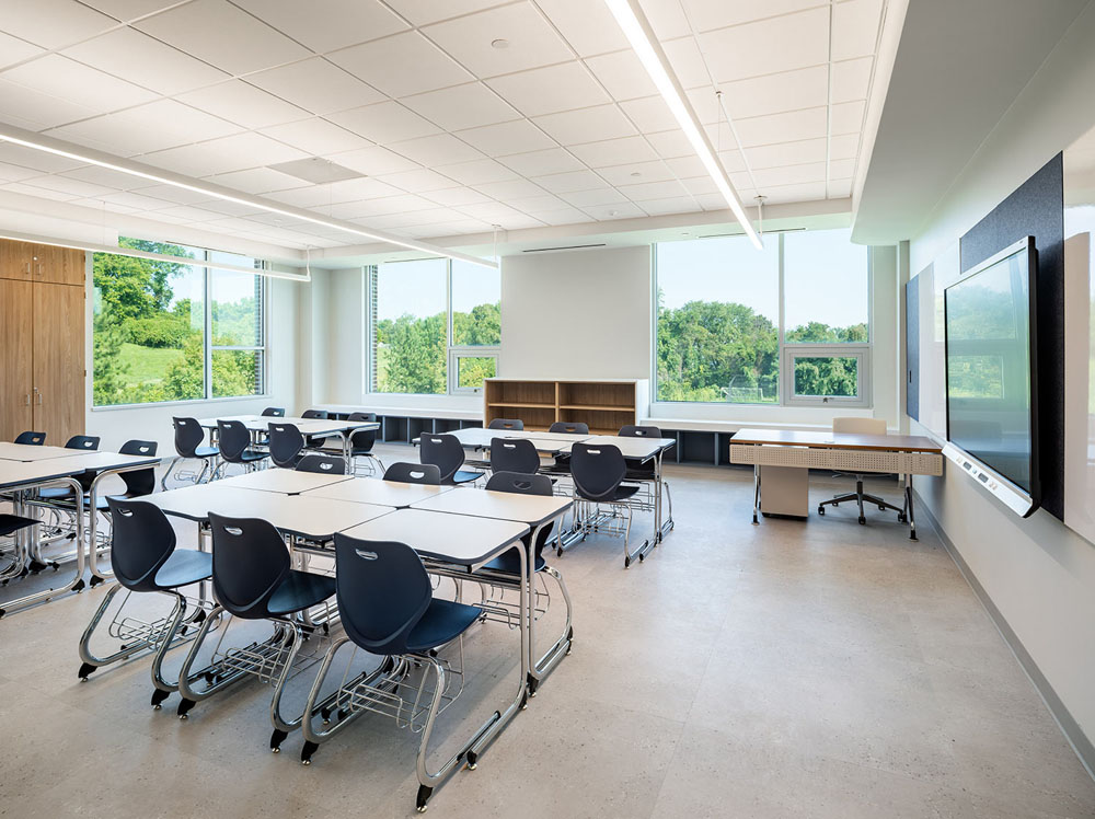 Interior photo of light-filled classroom with modern design and amenities