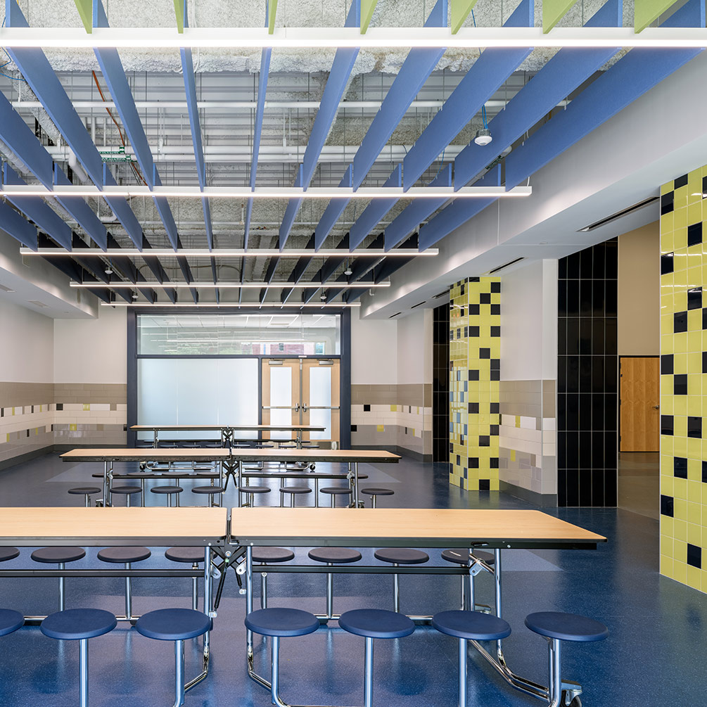 School room with colorful, modern architecture.